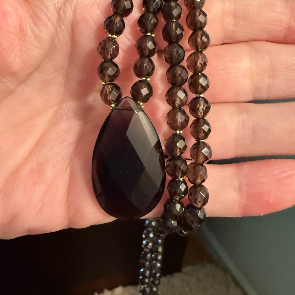 Estate Vintage Smoky Quartz Necklace – 34” with 14K Gold Accents & Pendant - Picture 6 of 6